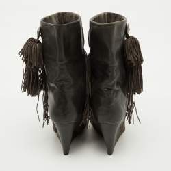 Pre Owned Isabel Marant Dark Grey Suede and Leather Mony Fringe Ankle Wedge Boots Size 39