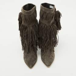 Pre Owned Isabel Marant Dark Grey Suede and Leather Mony Fringe Ankle Wedge Boots Size 39