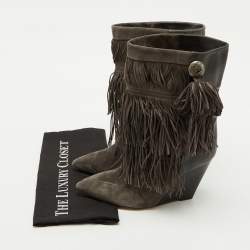 Pre Owned Isabel Marant Dark Grey Suede and Leather Mony Fringe Ankle Wedge Boots Size 39