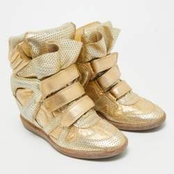 Pre Owned Isabel Marant Metallic Gold Leather Bekett Wedge Sneakers Size 40