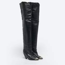 Pre Owned Isabel Marant Black Leather Thigh High Wedge Boots Size 38