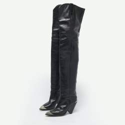 Pre Owned Isabel Marant Black Leather Thigh High Wedge Boots Size 38