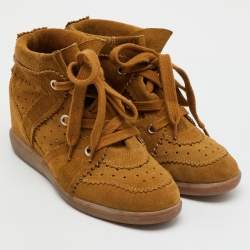 Pre Owned Isabel Marant Brown Perforated Suede Etoile Wedge Sneakers Size 38