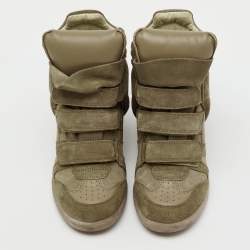 Pre Owned Isabel Marant Taupe Green/Brown Suede and Leather Bekett Wedge Sneakers Size 37