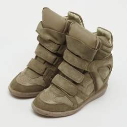 Pre Owned Isabel Marant Taupe Green/Brown Suede and Leather Bekett Wedge Sneakers Size 37