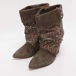 Pre Owned Isabel Marant Khaki/Multicolor Leather, Suede and Velvet Studded Mid Calf Wedge Boots Size 38