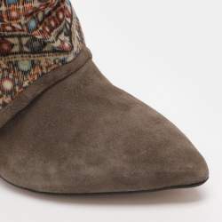 Pre Owned Isabel Marant Khaki/Multicolor Leather, Suede and Velvet Studded Mid Calf Wedge Boots Size 38