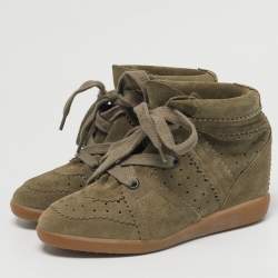 Pre Owned Isabel Marant Olive Green Suede Bobby Wedge Sneakers Size 37