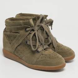 Pre Owned Isabel Marant Olive Green Suede Bobby Wedge Sneakers Size 37