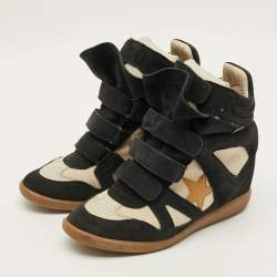 Pre Owned حذاء رياضي ايزابيل مارانت بيكيت سويدي وكانفاس  بيج / أسود  كعب روكي مقاس 38