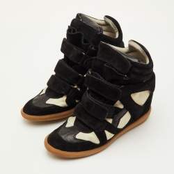 مملوكة مسبقًا Isabel Marant Bekett Size 38 Black/Off White Suede and Canvas Wedge Sneakers