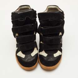 مملوكة مسبقًا Isabel Marant Bekett Size 38 Black/Off White Suede and Canvas Wedge Sneakers