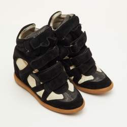 مملوكة مسبقًا Isabel Marant Bekett Size 38 Black/Off White Suede and Canvas Wedge Sneakers