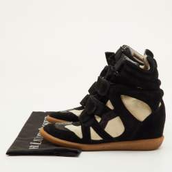 مملوكة مسبقًا Isabel Marant Bekett Size 38 Black/Off White Suede and Canvas Wedge Sneakers