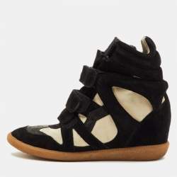  مملوكة مسبقًا Isabel Marant Bekett Size 38 Black/Off White Suede and Canvas Wedge Sneakers