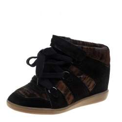 Pre Owned Isabel Marant Black Printed Ponyskin and Suede Blossom Lace Up Wedge Sneakers Size 39