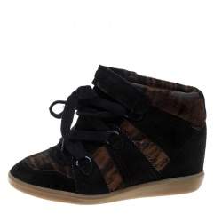 Pre Owned Isabel Marant Black Printed Ponyskin and Suede Blossom Lace Up Wedge Sneakers Size 39