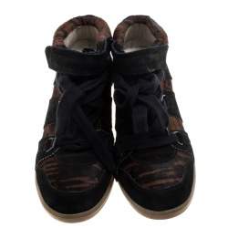 Pre Owned Isabel Marant Black Printed Ponyskin and Suede Blossom Lace Up Wedge Sneakers Size 39