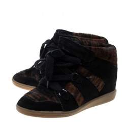 Pre Owned Isabel Marant Black Printed Ponyskin and Suede Blossom Lace Up Wedge Sneakers Size 39