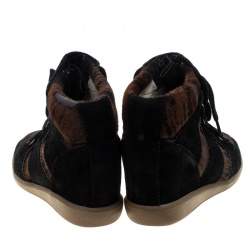 Pre Owned Isabel Marant Black Printed Ponyskin and Suede Blossom Lace Up Wedge Sneakers Size 39