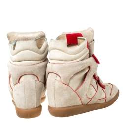Isabel Marant Grey Suede And Metallic Red Leather Trim Bekett Wedge Sneakers Size 37