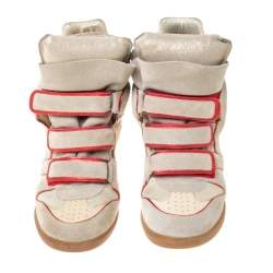 Isabel Marant Grey Suede And Metallic Red Leather Trim Bekett Wedge Sneakers Size 37