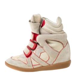 Isabel Marant Grey Suede And Metallic Red Leather Trim Bekett Wedge Sneakers Size 37