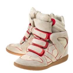 Isabel Marant Grey Suede And Metallic Red Leather Trim Bekett Wedge Sneakers Size 37