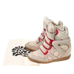 Isabel Marant Grey Suede And Metallic Red Leather Trim Bekett Wedge Sneakers Size 37
