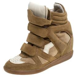 Pre Owned Isabel Marant White/Beige Suede And Leather Bekett Wedge Sneakers Size 38