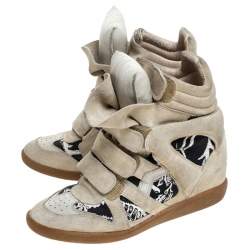 Isabel Marant Beige Printed Canvas and Suede Bekett Wedge Sneakers Size 40