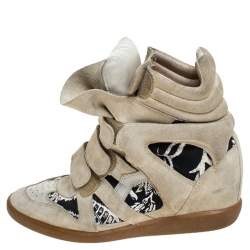 Isabel Marant Beige Printed Canvas and Suede Bekett Wedge Sneakers Size 40