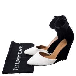 Pre Owned Isabel Marant Black Suede and White Calf Hair Shane Ankle Strap Wedge Sandals Size 38