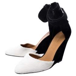 Pre Owned Isabel Marant Black Suede and White Calf Hair Shane Ankle Strap Wedge Sandals Size 38