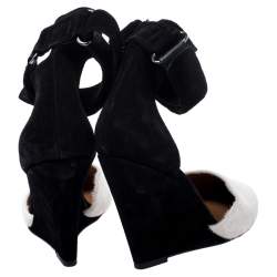 Pre Owned Isabel Marant Black Suede and White Calf Hair Shane Ankle Strap Wedge Sandals Size 38