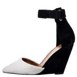 Pre Owned Isabel Marant Black Suede and White Calf Hair Shane Ankle Strap Wedge Sandals Size 38