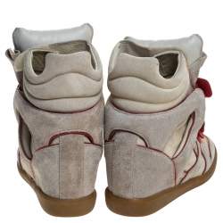 Pre Owned Isabel Marant Grey Suede with Metalllic Red Leather Trim Bekett Wedge Sneakers Size 38