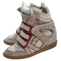 Pre Owned Isabel Marant Grey Suede with Metalllic Red Leather Trim Bekett Wedge Sneakers Size 38