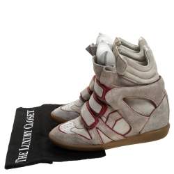 Pre Owned Isabel Marant Grey Suede with Metalllic Red Leather Trim Bekett Wedge Sneakers Size 38