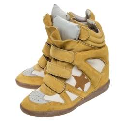Pre Owned Isabel Marant Yellow/Beige Suede and Canvas Bayley Star Wedge Sneakers Size 37