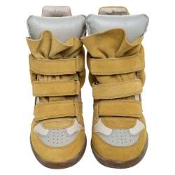 Pre Owned Isabel Marant Yellow/Beige Suede and Canvas Bayley Star Wedge Sneakers Size 37