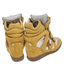Pre Owned Isabel Marant Yellow/Beige Suede and Canvas Bayley Star Wedge Sneakers Size 37