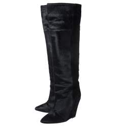 Pre Owned Isabel Marant Black Calfhair Knee Length Wedge Boots Size 38