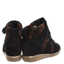 Pre Owned Isabel Marant Black Printed Ponyskin and Suede Blossom Lace Up Wedge Sneakers Size 39
