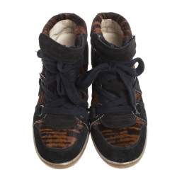 Pre Owned Isabel Marant Black Printed Ponyskin and Suede Blossom Lace Up Wedge Sneakers Size 39