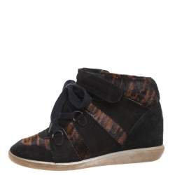 Pre Owned Isabel Marant Black Printed Ponyskin and Suede Blossom Lace Up Wedge Sneakers Size 39