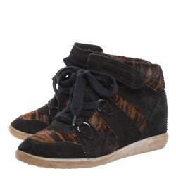 Pre Owned Isabel Marant Black Printed Ponyskin and Suede Blossom Lace Up Wedge Sneakers Size 39