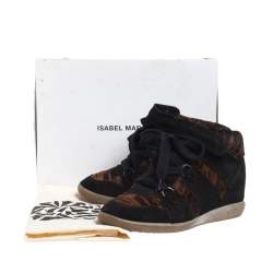 Pre Owned Isabel Marant Black Printed Ponyskin and Suede Blossom Lace Up Wedge Sneakers Size 39