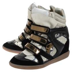 Isabel Marant Tricolor Python Embossed And Suede Leather Bekett Wedge High Top Sneakers Size 39