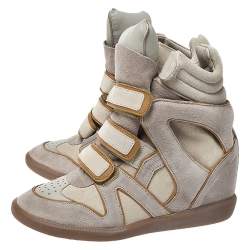 Pre Owned Isabel Marant Grey/Brown Suede And Leather Bekett Wedge Sneakers Size 37